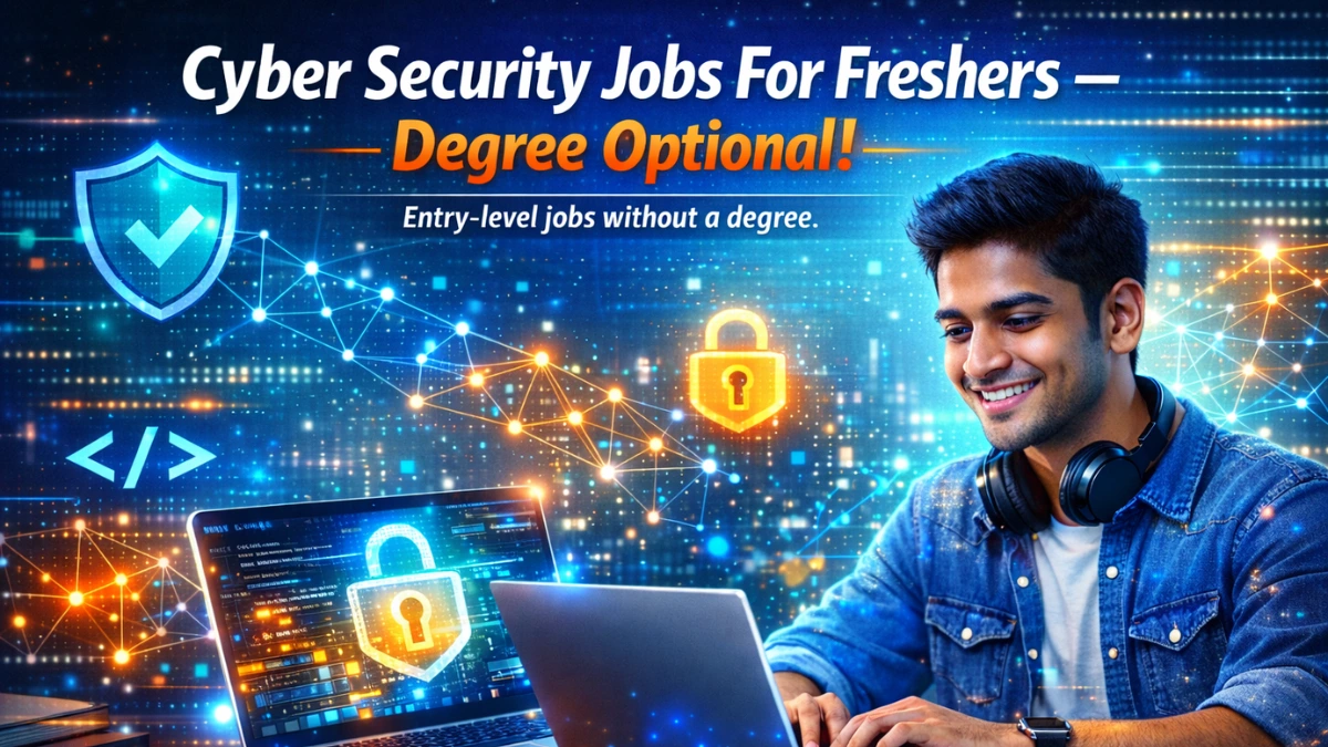 Cyber security jobs for freshers – बिना degree के entry-level opportunities, young professional laptop पर काम करते हुए और glowing digital security icons के साथ