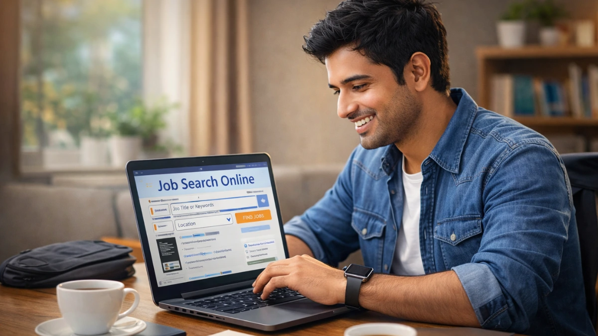 Young Indian fresher laptop par online jobs search karta hua, 2026 mein apni dream job ke liye apply karte hue