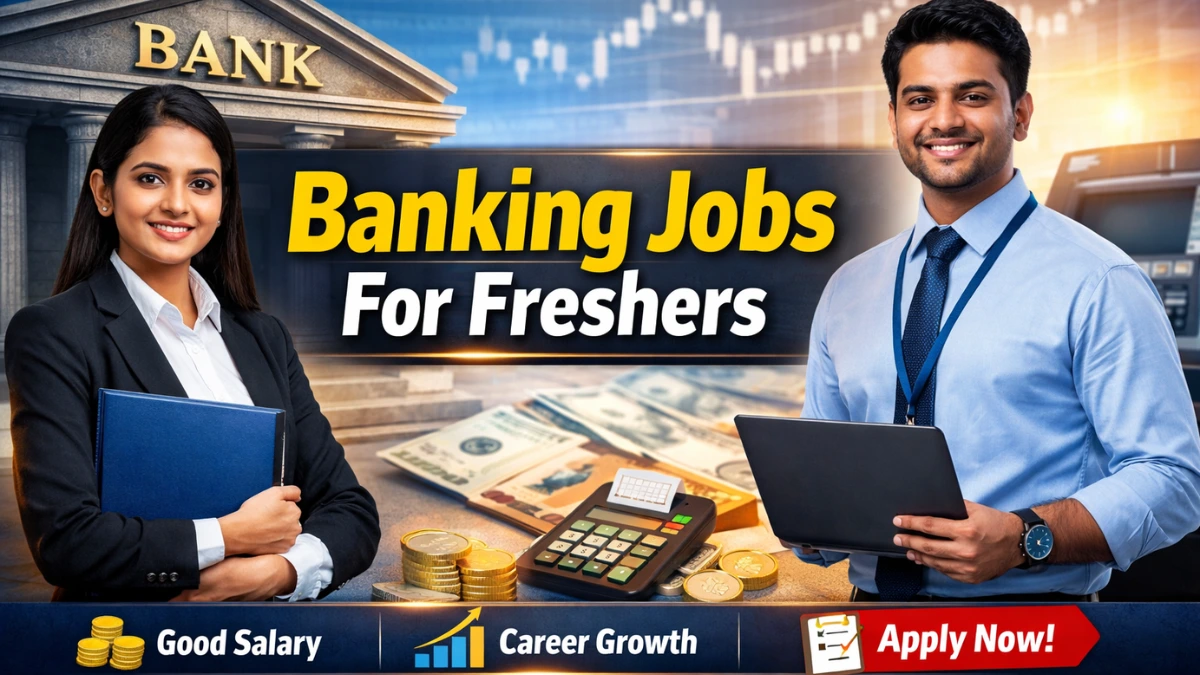 Banking Jobs For Freshers – युवा professional laptop पर काम करते हुए, डिजिटल बैंकिंग आइकॉन्स, सिक्के, चार्ट और बैंक सिम्बल्स के साथ, करियर ग्रोथ और अवसर का कॉन्सेप्ट, Hindi-English mix text