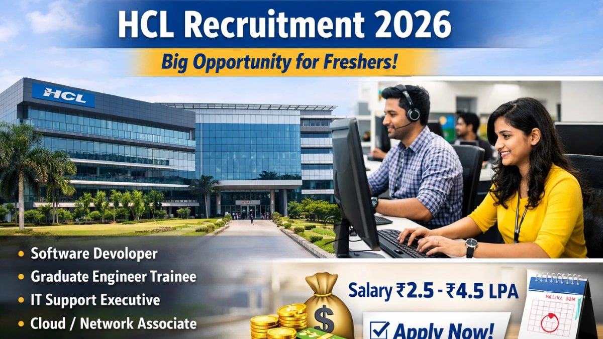HCL Recruitment 2026 का banner image जिसमें HCL office building, freshers computer पर काम करते हुए, job roles list और salary ₹2.5–₹4.5 LPA का Apply Now section दिखाया गया है।