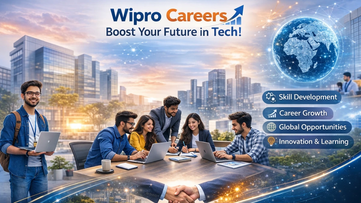 Wipro Careers banner जिसमें young professionals laptops पर काम करते हुए दिखाई दे रहे हैं, साथ में Skill Development, Career Growth, Global Opportunities और Innovation के icons दिख रहे हैं।